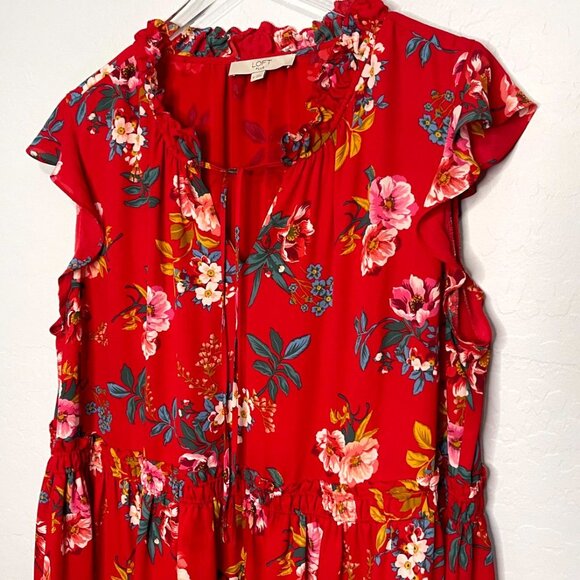 LOFT Red Floral Smocked Swing Tie Neck Dress 18 - Picture 4 of 10